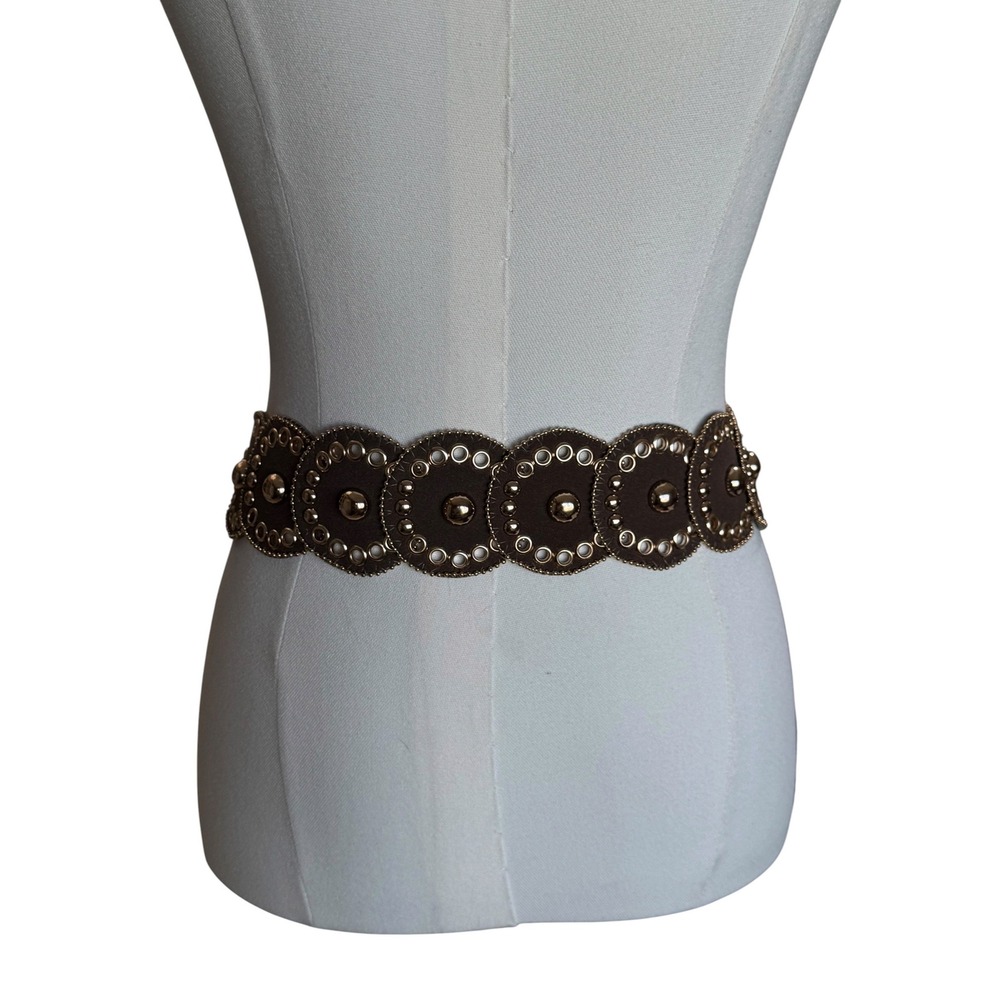 Boho Western Concho Disc Belt Brown Gold Stud Grommet Wide Statement Cowgirl - Picture 2 of 3